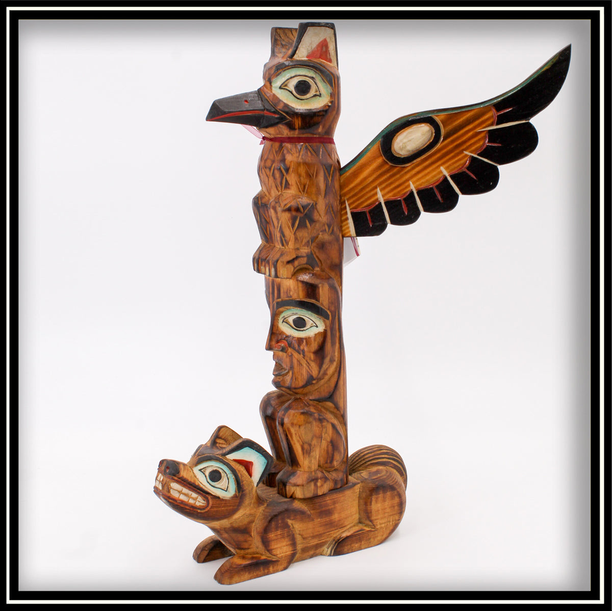 SPECTACULAR 3 FIGURE TOTEM POLE WITH RAVEN, BEAR AND SALMON. POLE MEASURES  103 TALL X 18 WIDE - Able Auctions